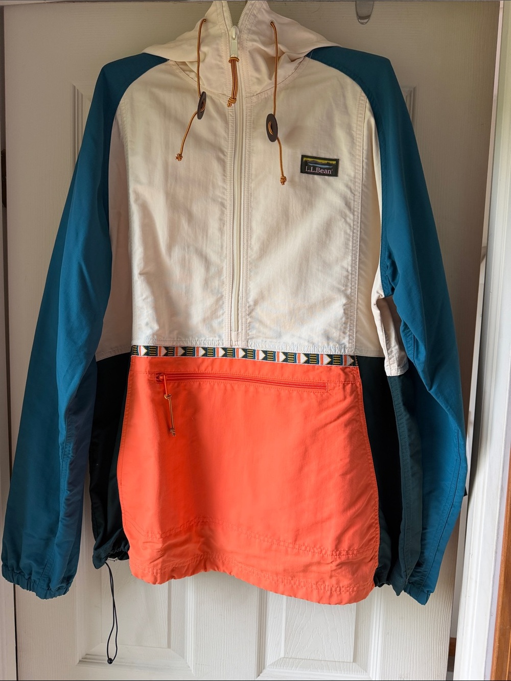 L.L. Bean Colorblock Hooded Anorak Jacket - Cream, Teal & Orange